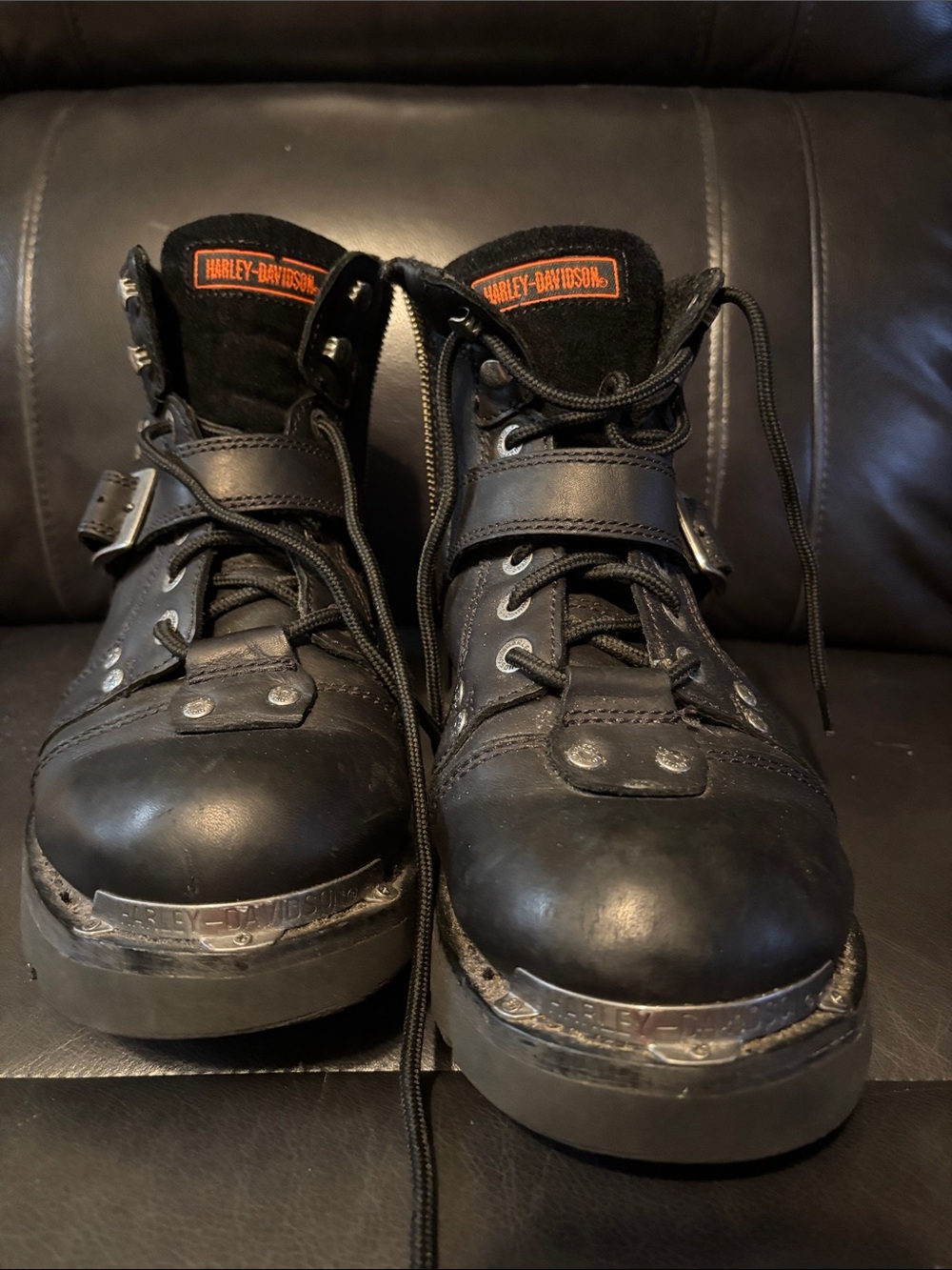 Harley-Davidson Black Leather Lace-Up Motorcycle Boots with Strap